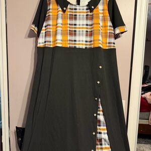 Girls Black Dress with Mustard Plaid Accents
